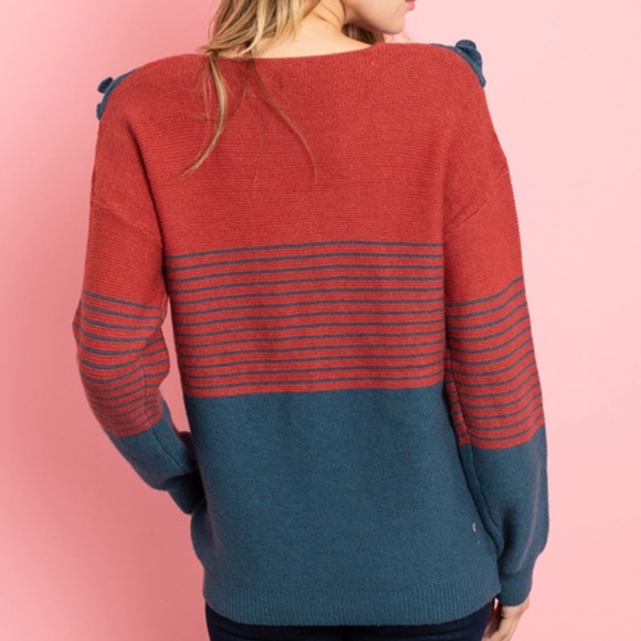 Entro Teal & Rust Striped Ruffle Sweater - Picture 4 of 9
